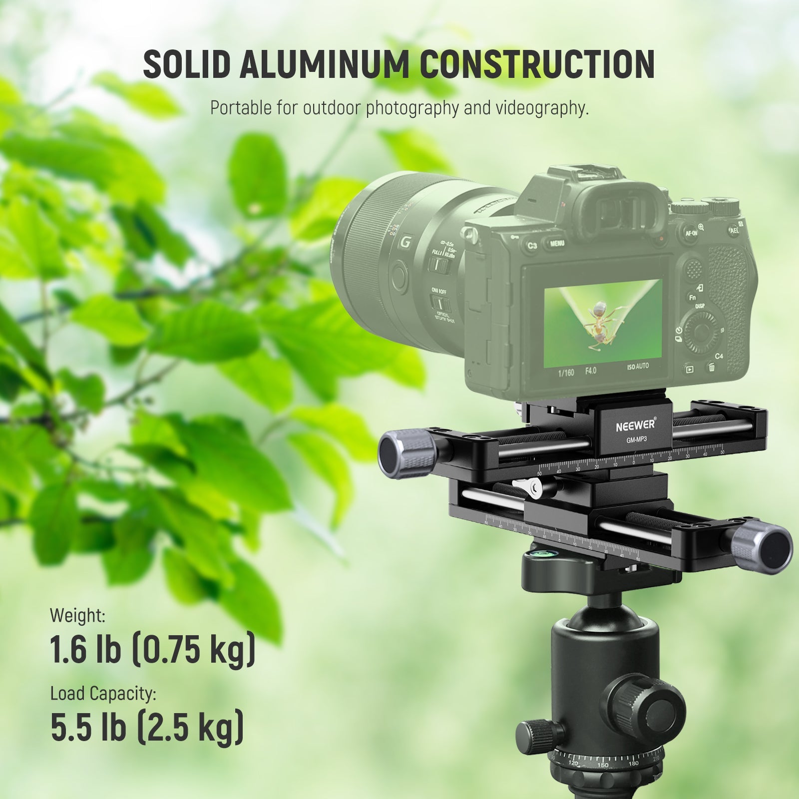 The macro rail slider weighs only 1.6lb yet securely supports cameras up to 5.5lb.