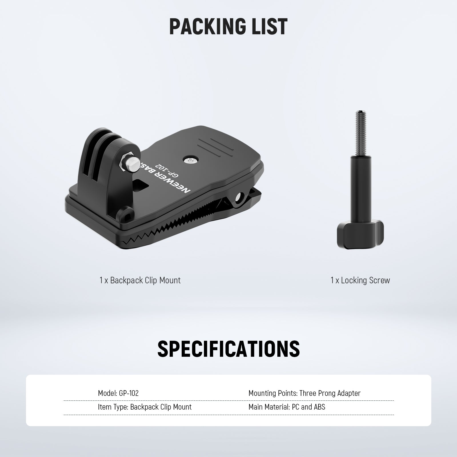 This package includes a backpack clip mount and a mount screw.