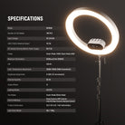Specifications of the NEEWER RH100B 100W High Power LED Ring Light