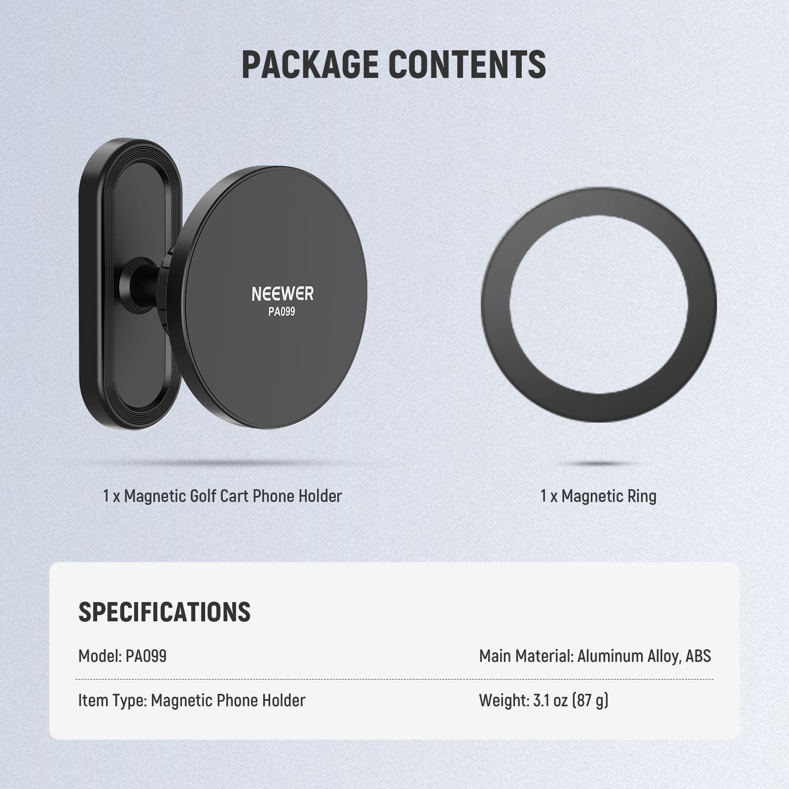 Package Contents of the NEEWER PA099 Magnetic Golf Cart Phone Holder Mount Kit