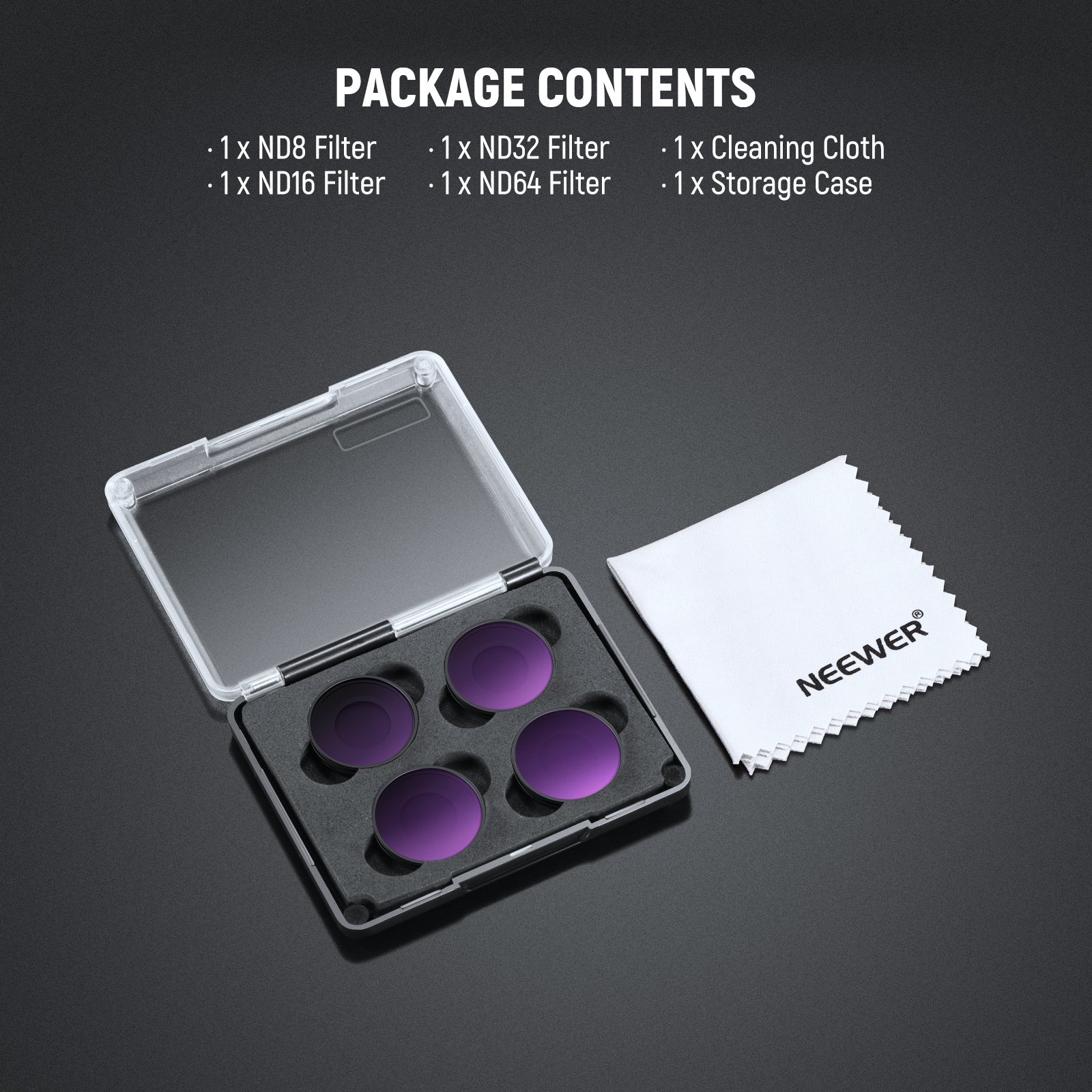 Package Contents of the NEEWER 4 Pack ND Filter Set For Insta360 GO Ultra