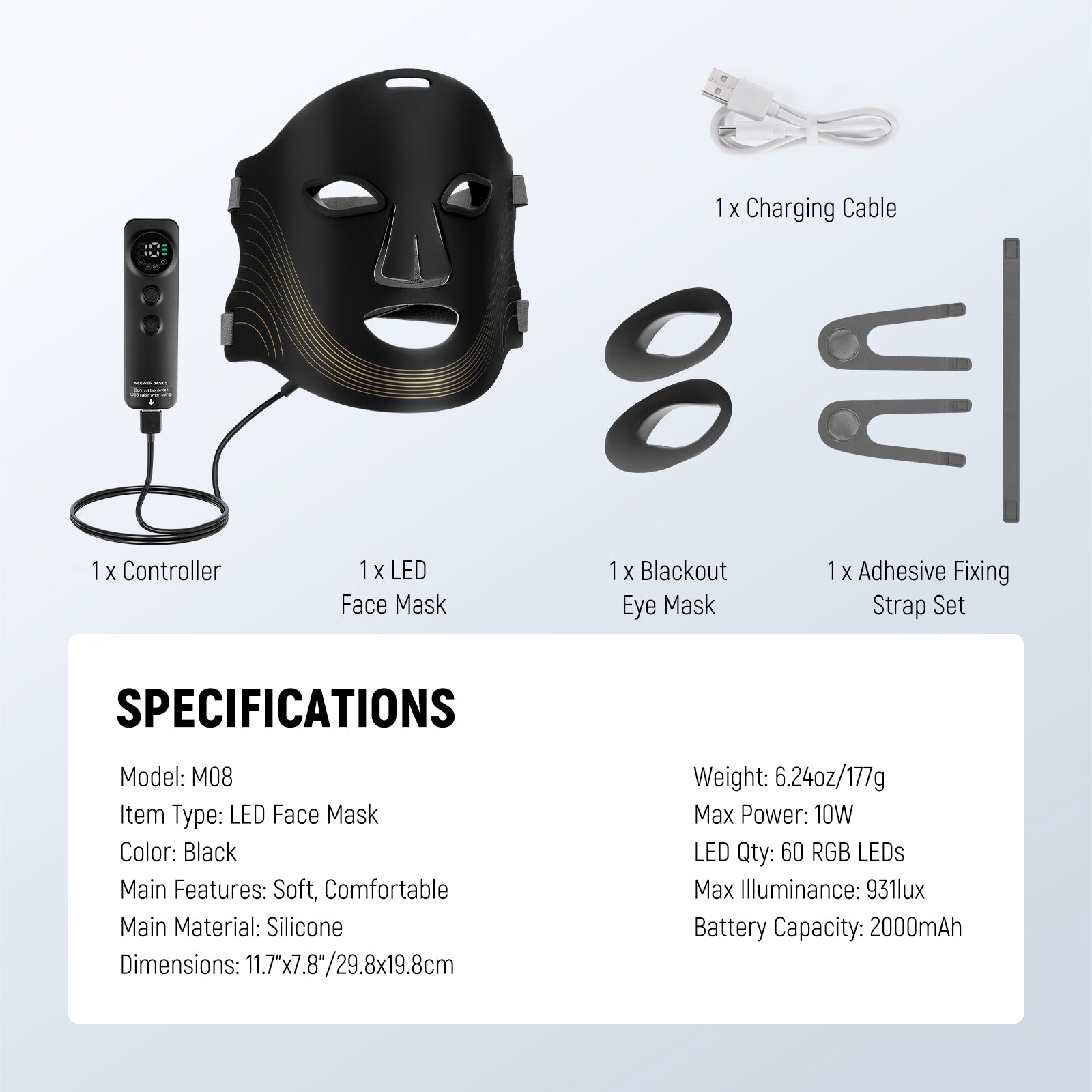 Package Contents of the NEEWER BASICS M08 LED Red Light Therapy Face Mask Kit