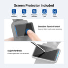 The included tempered glass screen protector shields the touchscreen from scratches while retaining its sensitivity