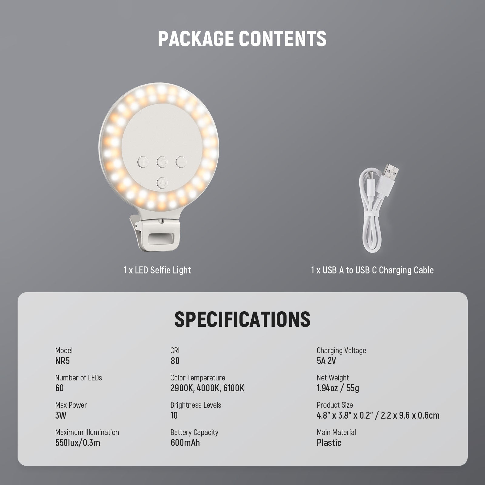 Package Contents of the NEEWER NR5 3.8" Clip on Small Selfie Light