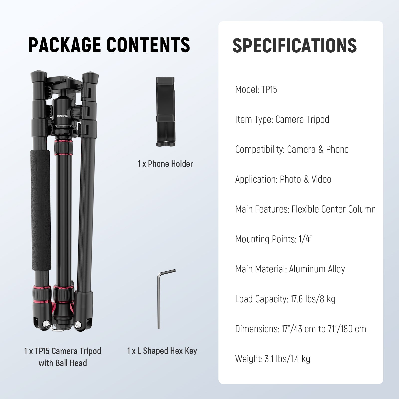 Specifications of the NEEWER TP15 71" Heavy Duty Travel Tripod Monopod