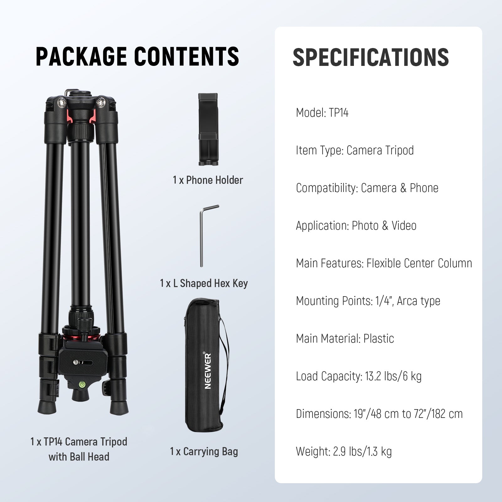 Package Contents of the NEEWER TP14 Travel Tripod Kit