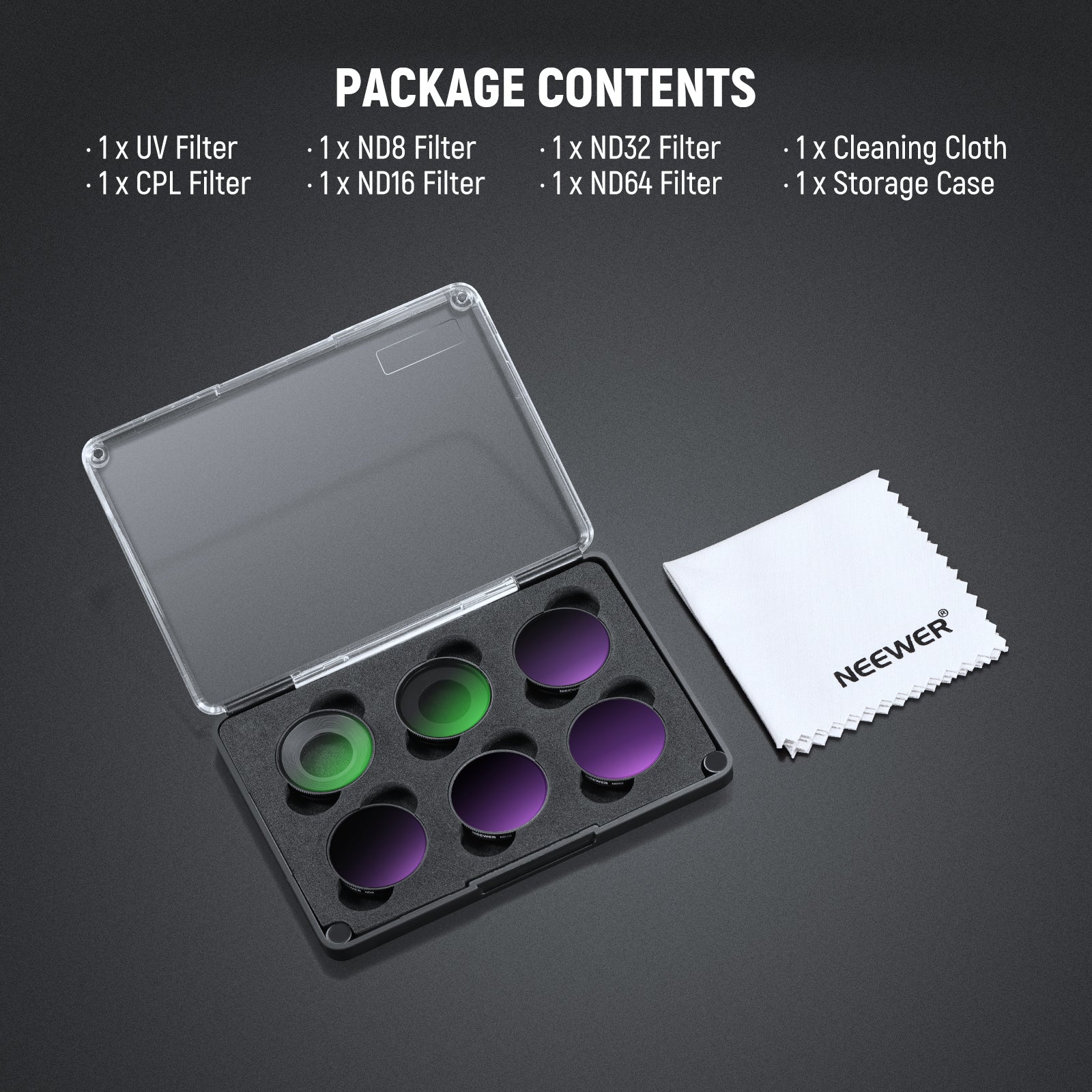 Package Contents of the NEEWER UV/CPL/ND Filter Set For Insta360 GO