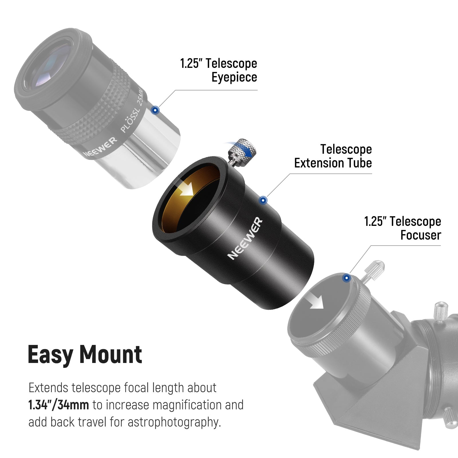 NEEWER 1.25” Telescope Eyepiece Extension Tube